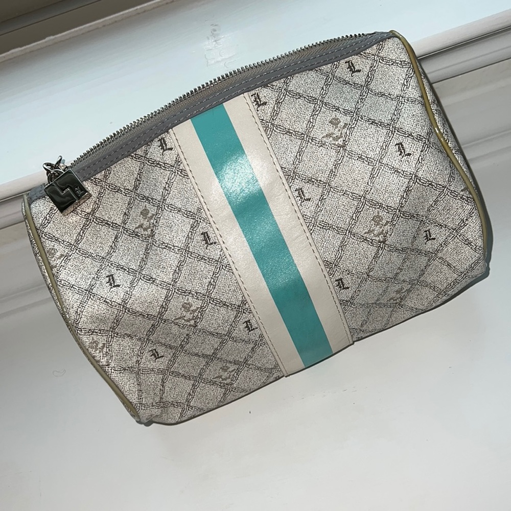 L.A.M.B. Clutch Makeup bag Grey Turquoise Leather Collector bag HTF Gwen Stefani
